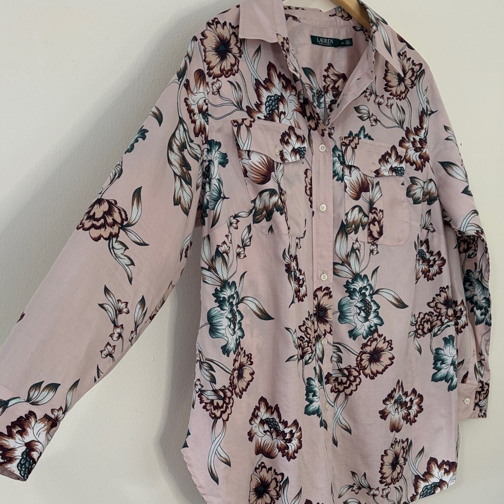 Lauren Ralph Lauren Button-Down Shirt Floral 100% Cotton Blush Pink Plus Size 1X - Picture 2 of 12